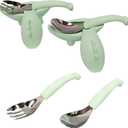 Baby Toddler Fork and Spoon Utensil Set, 4 Pack, Green Dinosaur | Silicone, Stainless Steel, Dinosaur