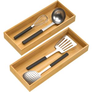 Bamboo Drawer Organizer, Stackable Utensil Organizer for Kitchen, Bamboo Storage Box Wood Silverware Tray for Drawer 15" x 6" x 2" Set of 2