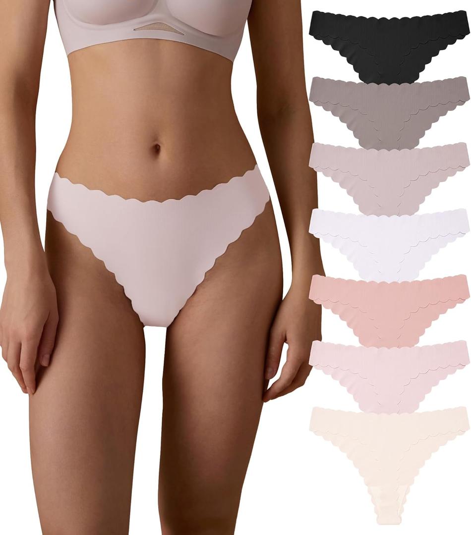 SHARICCA Womens Seamless Thongs No Show Underwear Soft Ribbed Invisible Panties Wave Edge Multi Pack (X-Small, 7p03 - Lightly Colors)