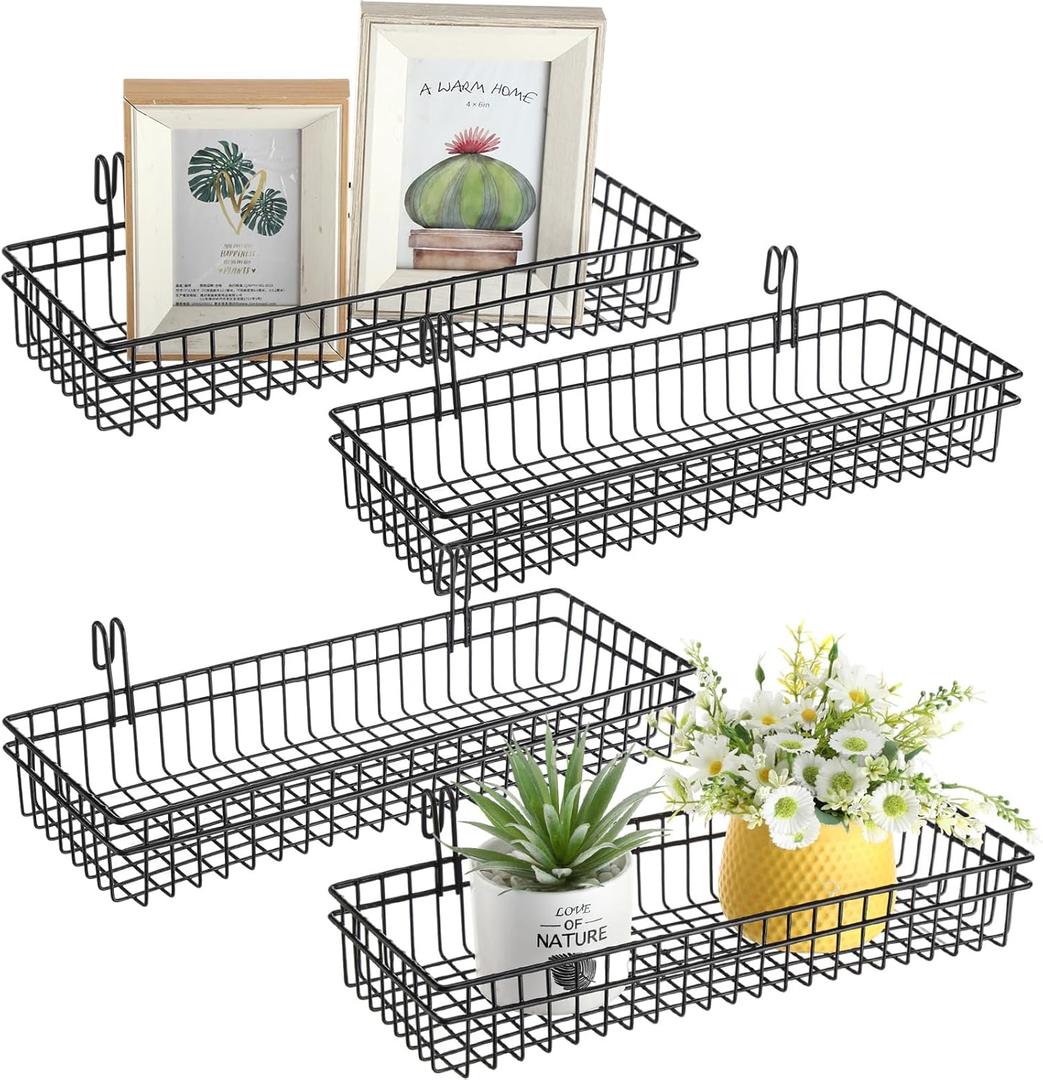 Blulu 4 Pcs 15.75 x 5.91 x 1.97 Inch Metal Grid Wall Baskets with Hooks Grid Wall Shelves Hanging Wire Basket Multi Function Storage Organizer for Kitchen Organizing Display (Black)
