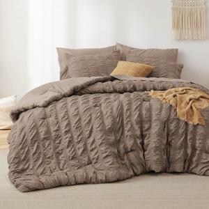 Bedsure Bed in a Bag Queen - 7 Pieces Plaid Seersucker Bedding Comforter Sets, Soft Lightweight Affogat Boho Bed Set with Comforters Queen Size, Sheets, Pillowcases & Shams (02 - Brown)