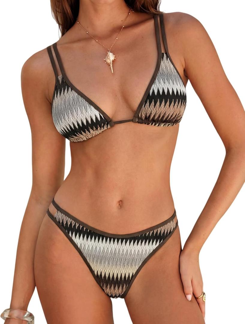ZAFUL Bikini Sets for Women Dual Straps Wave Texture Cutout Color Block Triangle Swimsuits 2 Pieces Bathing Suits (Brown, S)
