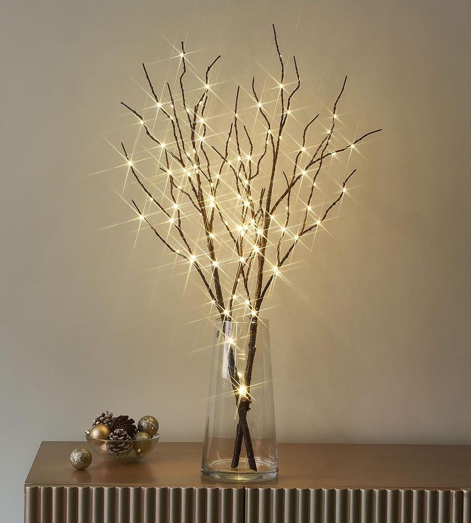 LITBLOOM Lighted Brown Willow Branches 32IN 100 LED with Timer Battery Operated, Tree Branch with Warm White Lights for Holiday Christmas Decoration Indoor Outdoor Use