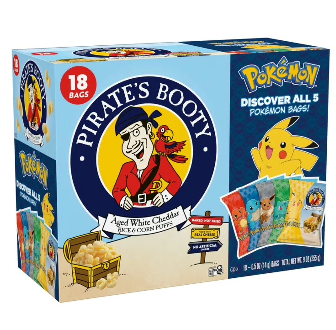 PIRATE'S BOOTY Pokémon Aged White Cheddar Rice & Corn Puffs, 0.5 oz Bags (18 Count), 3 Pack, BB Date 01/26/2026