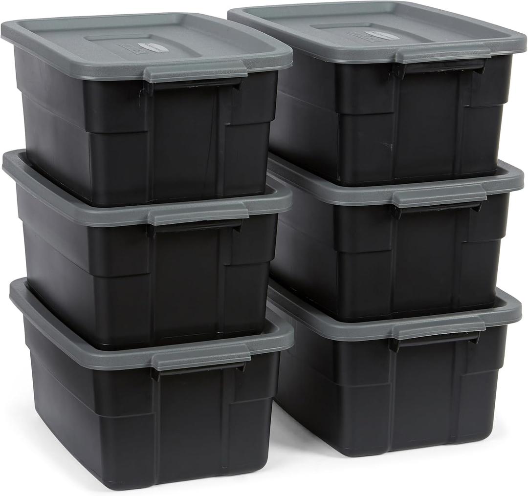 Rubbermaid 6-Pack Heavy Duty Durable 3 GAL Totes for Storage with Snap Lids and Handles, Plastic Storage Bins Stackable Black Gray for Home and Garage (3 GAL - 6 Pack Solid Black and Grey)