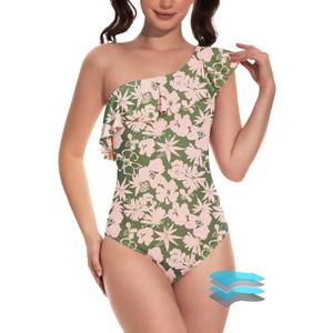 Beautikini Period Swimwear One Piece Menstrual Leakproof Swimsuit One Shoulder Ruffle Bathing Suits for Girls Teens (Small, Green Printing)