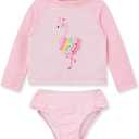 Little Me Baby Girls' Little Girls' Two-piece UPF+ 50 Sun Protection Rash Guard Set (12 Months, Pink Flamingo)