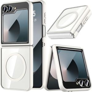 Hensinple for Samsung Galaxy Z Flip 6, Z Flip 6 Case, Magnetic[Compatible with MagSafe] Transparent Slim Shockproof Hard PC Rugged Phone Case Cover for Galaxy Z Flip 6/Galaxy Z Flip 7 FE(White)