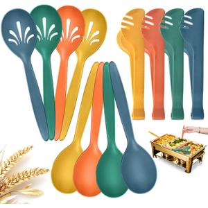 Reusable Plastic Serving Utensils Set of 12, 10" Wheat straw Large Serving set Serving Spoons/Slotted Spoons/Tongs, for Party Buffet Catering (Orange/Blue/Yellow/Green, Not for Cooking)