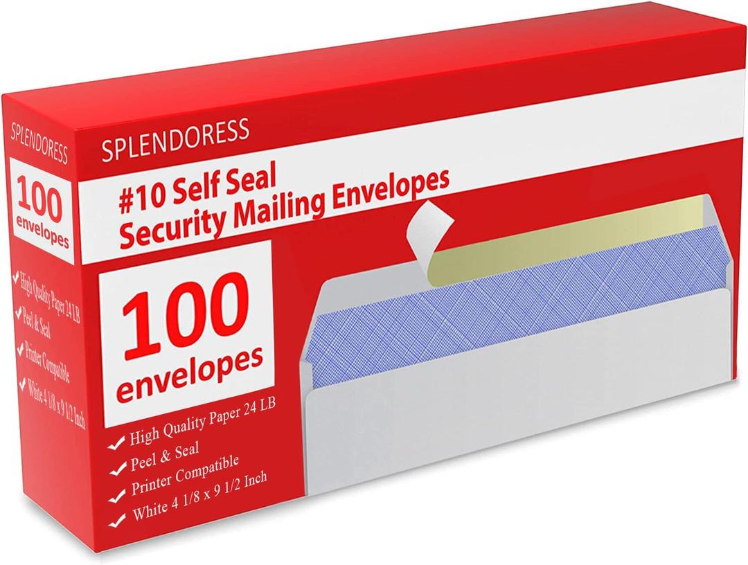 #10 Envelopes Letter Size Self Seal | 100 Business Mailing Security Peel and Sealing Envelope | 100% Tinted | no 10 White Windowless Legal Regular Plain Envelops Pack | 4-1/8 x 9-1/2 Inches | 24 LB