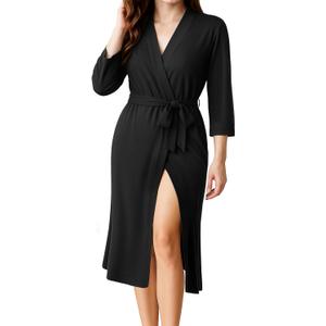 NY Threads Women's Robe Long Knit Bathrobe 3/4 Sleeves Soft Kimono Lightweight Loungewear (Black, L)