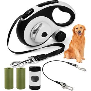 26ft Retractable Dog Leash with Chew Proof Cable, Heavy Duty Dog Leash for Large Dogs up to 110lbs, with LED Light, Non-Slip Handle, 360 No-Tangle, Poop Bag Holder, One-Handed Brake (White, L 26ft)