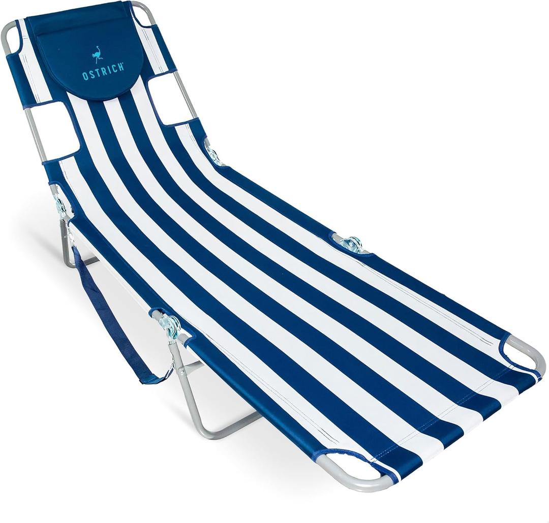 Ostrich Beach Lounge Chair, Folding & Reclining Outdoor Chaise Lounger, Blue/White Striped - Portable Adjustable Recliner Chair for Lawn, Pool, Patio, Garden, and Yard