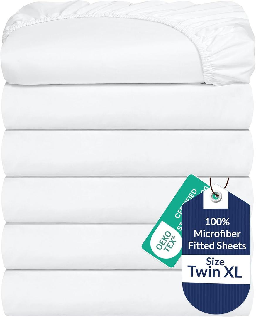 Royale Linens 6 Pack Twin XL Fitted Sheet Set - Bottom Sheet - Soft & Breathable - Brushed 1800 Microfiber - Wrinkle & Stain Resistant - Hotel Quality Deep Pocket Stretches Up to 16" (Twin XL,White)
