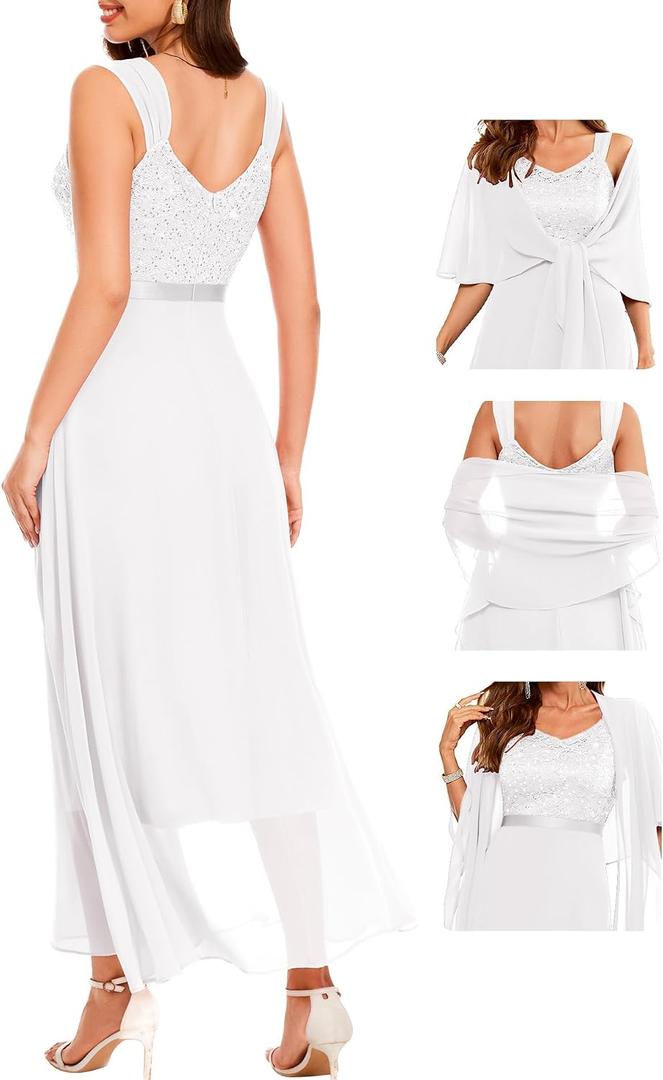 BeryLove Formal Wedding Guest Sequin Prom Dresses Cocktail Evening Lace Elegant Mother of The Bride Dress (White, XL)