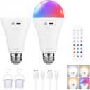 2 Pack 5200mAh Rechargeable Light Bulbs with Remote E26 Battery Operated Light Bulb for Lamps and Sconces,Dimmable Wireless Emergency Light Bulbs with Hook,3 Color Temperatures & 12 RGB Color Changing