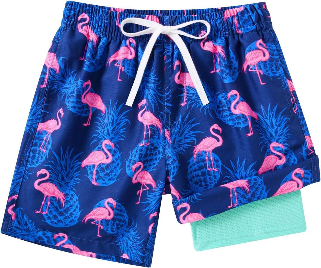 swimsobo Swim Trunks for Boys Size 7 Compression Liner Swim Bathing Suit Hawaii Flamingo Swimming Shorts Beach Boardshorts