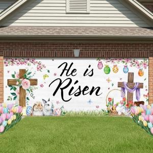 WovWeave Easter Garage Door Banner 6.6 x 16.4 ft He is Risen Garage Outdoor Wall Cover Decorations Religious Hanging Backdrop Banner for Spring Easter Mural Christian Party Background (Cute)