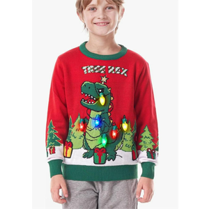 Giggling Getup Ugly Christmas Sweater with Light, LED Ugly Christmas Sweater for Women Men Kids 2025 Dinosaur(Red)
Size S