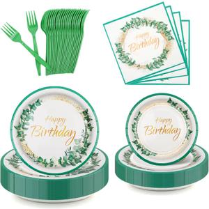 96Pcs Greenery Happy Birthday Plates, Eucalyptus Pattern Paper Plates Napkins Forks Set, Sage Green Modern Dinnerware for 24 Guests, Birthday, Baby Shower Parties