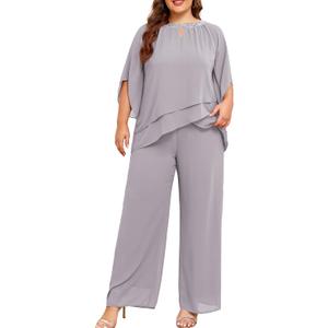 Hanna Nikole Mother of Bride Pant Suits Plus Size Half Sleeve 2 Piece Chiffon Pantsuit Formal Wedding Guest Outfit (16 Plus, Light Gray)