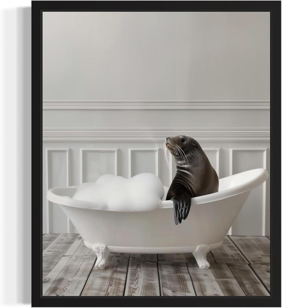 Seal in Bathtub Wall Art Print Poster, Bathroom Decor Gallery Posters Prints for Restroom Home Picture Painting Artwork (Seal, 11 x 14 inches, Unframed)