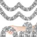 66 FT Artificial Christmas Garland Winter Shiny Tinsel Garland Silver Metallic Twist Garland for Christmas Decor Mantle Fireplace Home