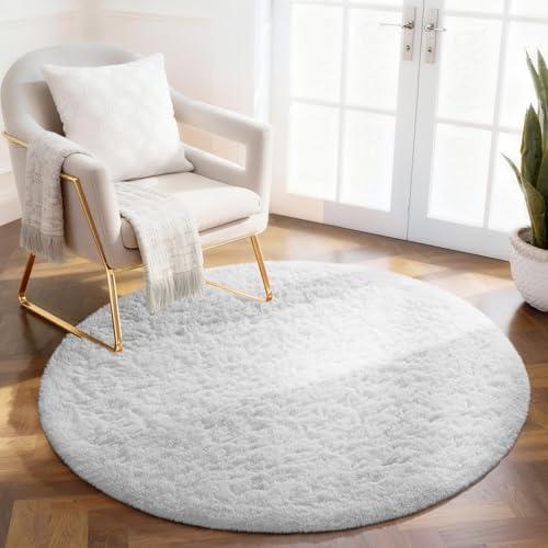 Ophanie Round Rugs 3Ft Ivory Circle Area Rug,Christmas Room Decor, Aesthetic Nursery Bedroom Carpet, Fluffy Fuzzy Plush Soft Shaggy Cream Living Room Rugs for Kids Boys Girls Teen Baby Home, Dorm