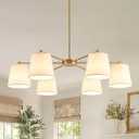 Lumifly 34” Farmhouse Chandelier, Brass Gold Chandelier with White Fabric Shades, Large 6Light Modern Pendant Light Fixture for Dining Room, Rustic Ceiling Hanging Light for Entryway Living Room