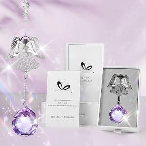 Memorial Gift Modern Sympathy Gift for Lose of Mom, 3D Angel Design Grief Hanging Ornament with 40mm Light Purple Crystal Ball Rainbow Maker, Bereavement Gift Idea for Women