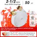 ZYfire Fire Hose - 2-1/2" ID x 50 FT Double Jacket TPU Firefighter Hose with M x F NPSH Brass Couplings 1200 PSI Burst Pressure Lightweight for Firefighting & Residential Use