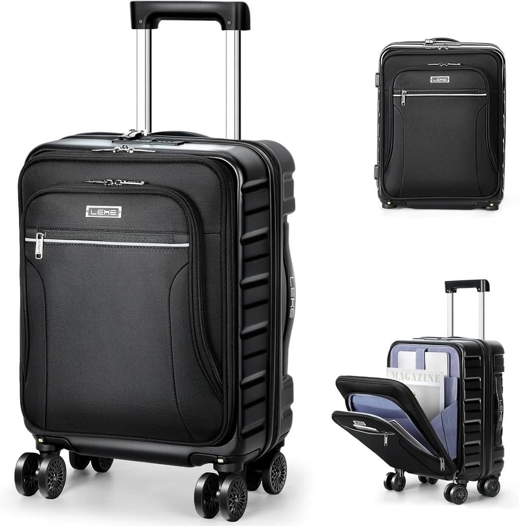 Lekebobor 18 Inch Carry On Luggage Airline Approved, Hybrid Soft Hard Shell Suitcase with Removable Spinner Wheels, TSA Lock, Front Pocket for Travel, Black