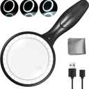 Magnifying Glass with Light | Hands-Free Illuminated Magnifier for Close Work, Reading & Hobbies | Adjustable LED Glasses with 3 Lenses (Black)