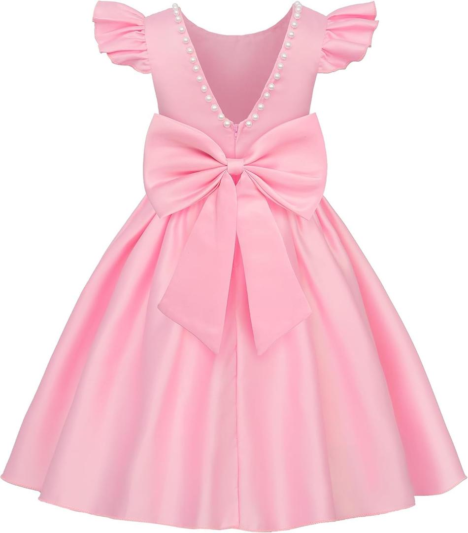 Uhnice Flower Girl Satin Dress with Pearls Flutter Sleeves V Back Gown with Removable Bow for Wedding Birthday Party (4-5T, Pink)