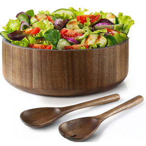 SullyHome 12" Acacia Wood Salad Bowl with Serving Spoons