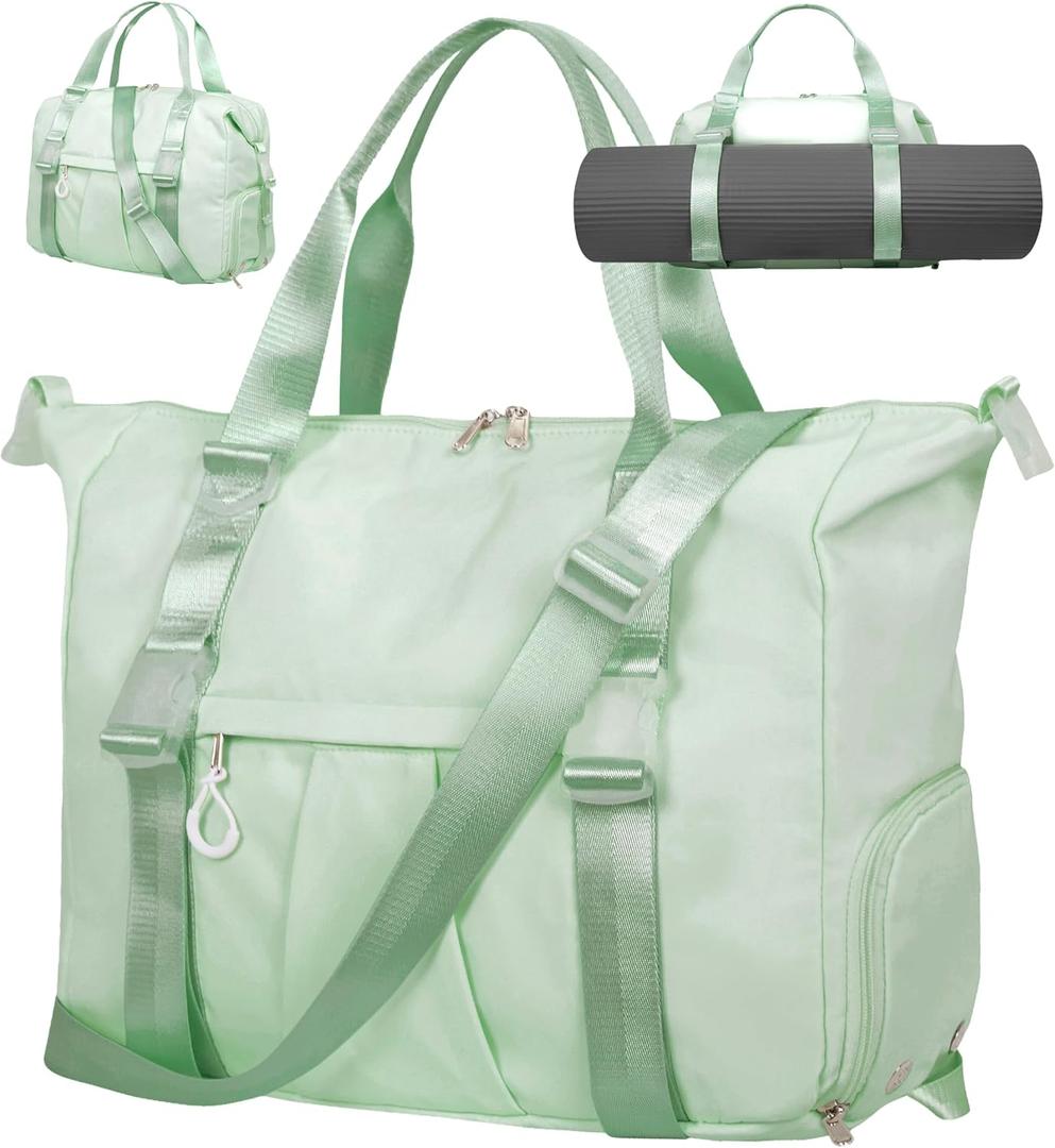 Gym Bag with Yoga Mat Holders, Carry On for Pilates Women & Men with Laptop & Shoe Compartment Large Duffle Travel Weekender Tote with Key Ring Clip Personal Item Workout, Easy to Clean - Green