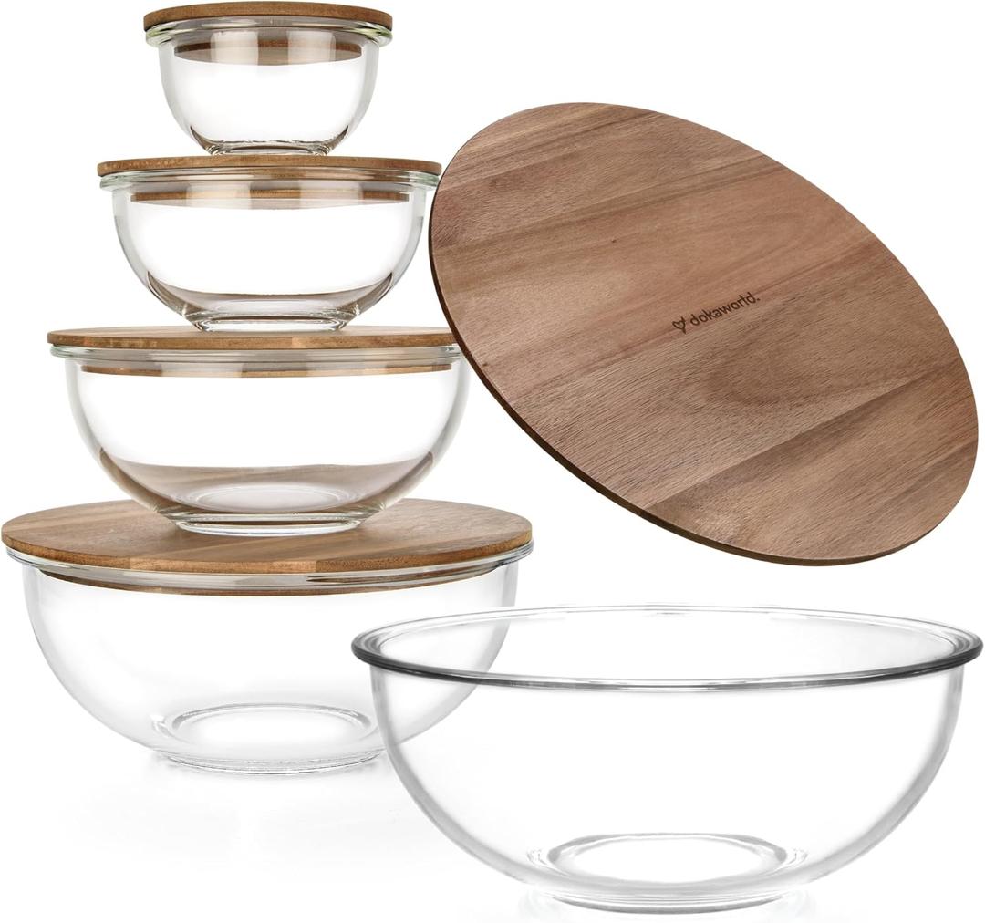 Set of 5 Nesting Glass Bowls with New Updated Acacia Lids for Foodprep, Storage, Mixing & Cooking - Microwave & Oven-ready BPA Free Durable Heat Resistant Inert Borosilicate Glass, large