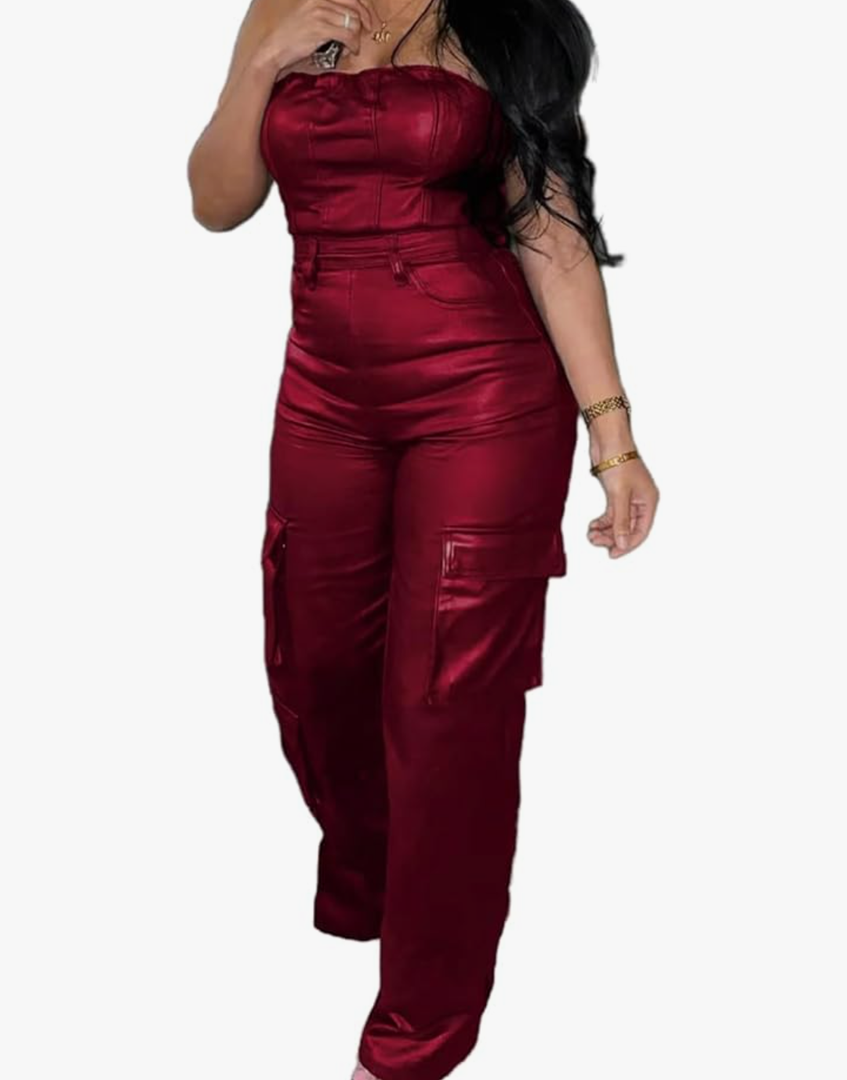 Womens PU Leather Jumpsuit Sexy Off the Shoulder Top Tight Waist Cargo Pants Bodysuit Size L