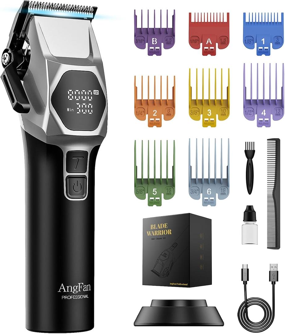 ANGFAN Professional Cordless Hair Clippers for Men - 8000RPM 5-Speed Motor with 440C Black Oxide Blades, Barber Clippers Kit with Charging Dock & 8 Guards,Salon Grade Hair Cutting Set for Barbers