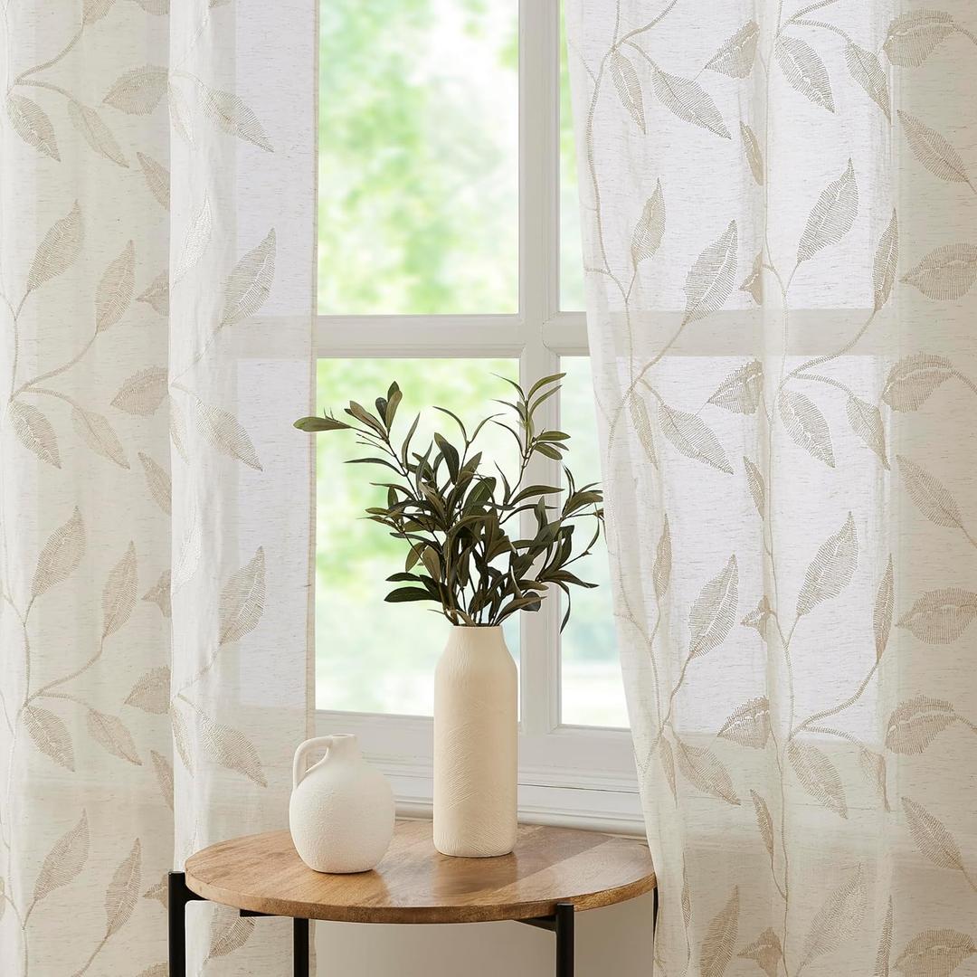 Bujasso Leaf Sheer Curtains 63 inch Embroidered Floral Farmhouse Light Filtering Window Panels Botanical Patterned Natural Linen Sheer Drape for Living Room Bedroom Grommet Top 38" Wx63 Lx2