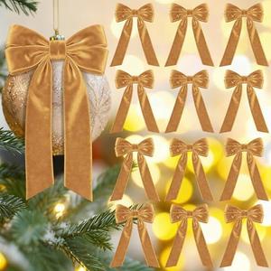 Aneco 12 Pcs Velvet Bows Christmas Ribbon Bow Tree Ornaments Vintage Xmas Bows for DIY Crafts Gift Wrapping Hair Garland Wreath Floral Holiday Door Decorations (9 x 13 Inch, Khaki)