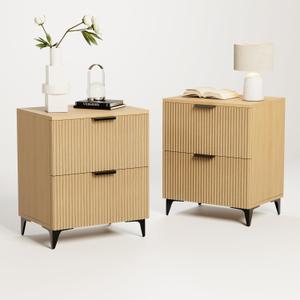 Royal Windsor Small Night Stand Set of 2, Fluted Nightstand with 2 Drawers, Side End Table with Storage, Modern Night Stand Bedside Table for Small Indoor Rooms, Natural Oak, 15.74 Inches X 11.81 Inches X 20.27 Inches
