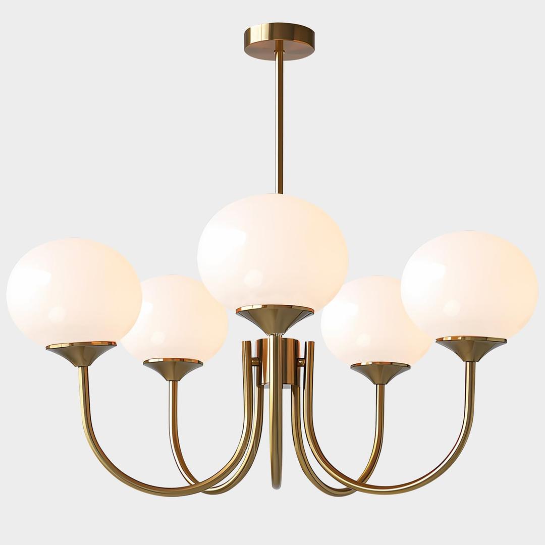 5 Light White Globe Chandelier Small Milk Glass Chandelier Gold Sputnik Ceiling Light Fixture MCM Dining Room Light Fixture Vintage Kitchen Pendant Lights