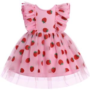 IMEKIS Toddler Girl Birthday Dress Sparkly Strawberry Tulle Party Ruffle Sleeve Dresses Cake Smash Photo Shoot 1-8T (5-6 Years)