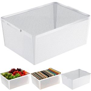 Shimeyao 4 Pcs Wire Mesh Baskets 12.6 x 7.1in Metal Wire Storage Baskets with Handle Steel Organizers Bin Containers for Home Organizing Cabinet CD Storage Pantry Kitchen Fridge Fruit Snacks (White)