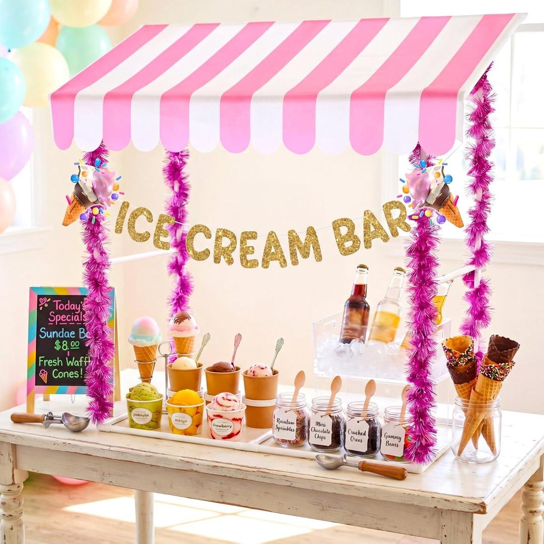 7 Pcs Ice Cream Bar Stand Supplies Ice Cream Bar Cart Party Decoration with 1 Set Plastic Stand 1 Pink and White Sunshade Cloth 4 Pink Tinsel 1 Banner for Icecream Party Supplies Bakery Backdrop