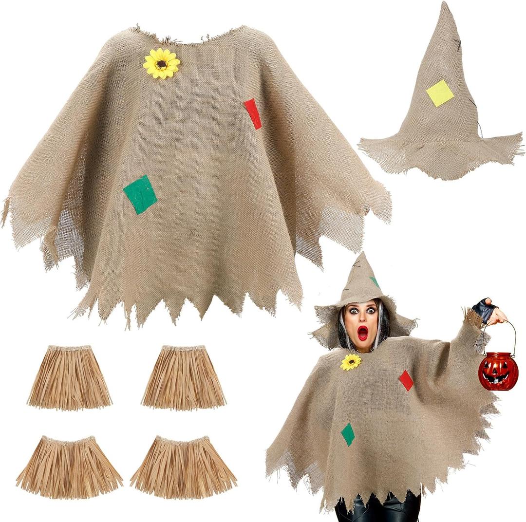 Ramede 6 Pcs Scarecrow Costume Accessories Women Adult Scarecrow Hat Poncho Straw Wrist Ankle Ties for Halloween Cosplay