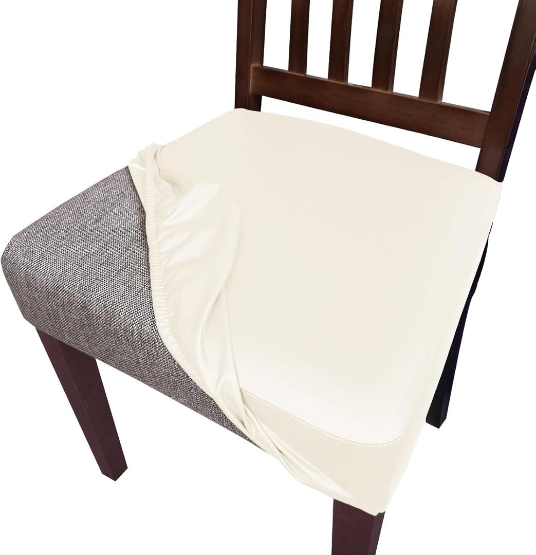 Waterproof Pu Leather Seat Covers for Dining Room Chairs Set of 6,Soft Chairs Seat Slipcovers,Dining Chair Cover Removable Washable Chair Protector Cover Stretch Kitchen Chair Covers (Beige)