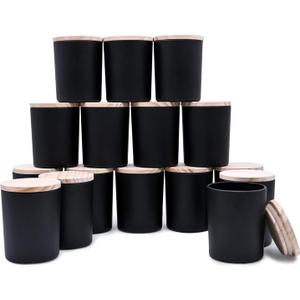 Thick Candle Jars for Making Candles 16 Pcs, 7 OZ Empty Jars with Wood Lids for Candle Making, Sample Container, Matte Black