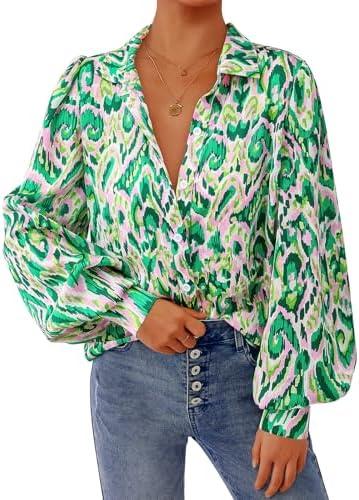 PRETTYGARDEN Women's Floral Blouses Dressy Casual V Neck Button Down Shirts Lantern Long Sleeve Boho Chiffon Fall Tops 2025, M